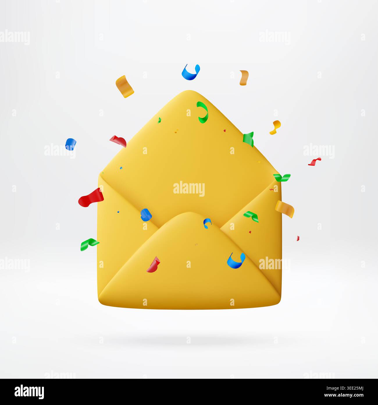 3D Open yellow envelope with colorful confetti. Stock Vector
