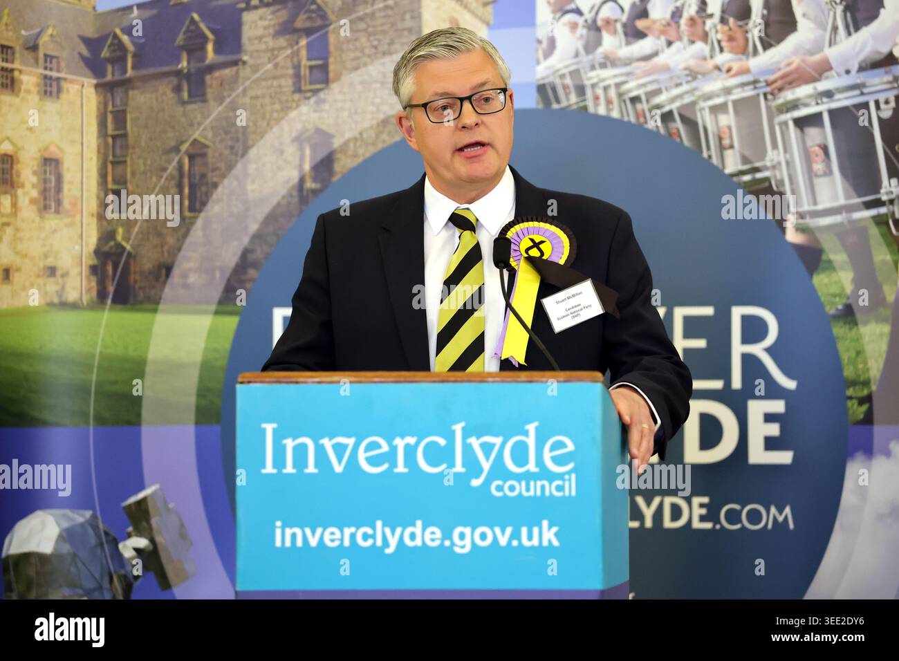 Scottish National Party (SNP) candidate Stuart McMillan gives a speech ...
