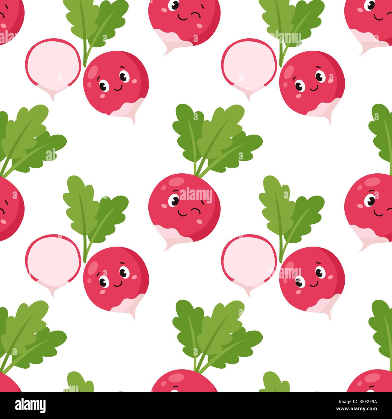 Cute radish seamless pattern with funny vegetable characters on white background vector Stock Vector