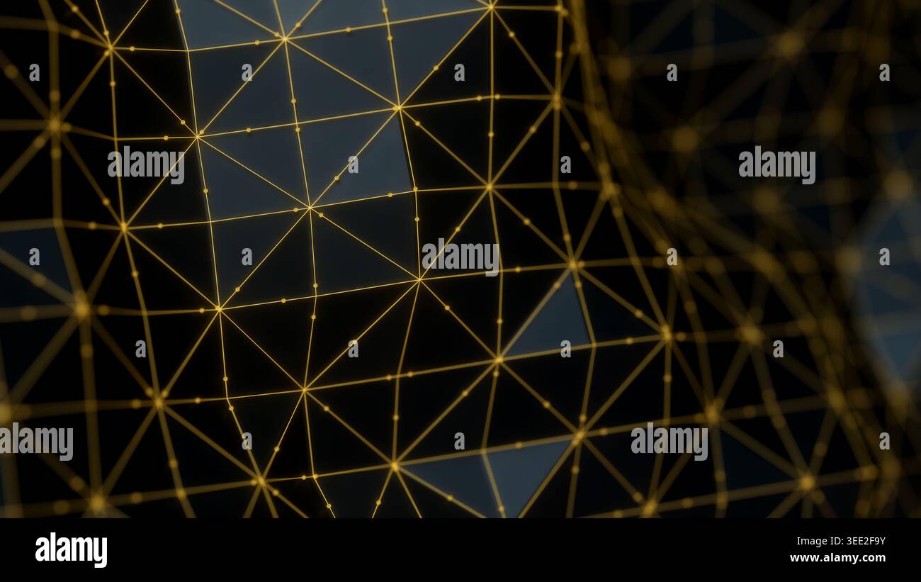 Abstract black triangular mesh with a golden lines and points. Nano ...