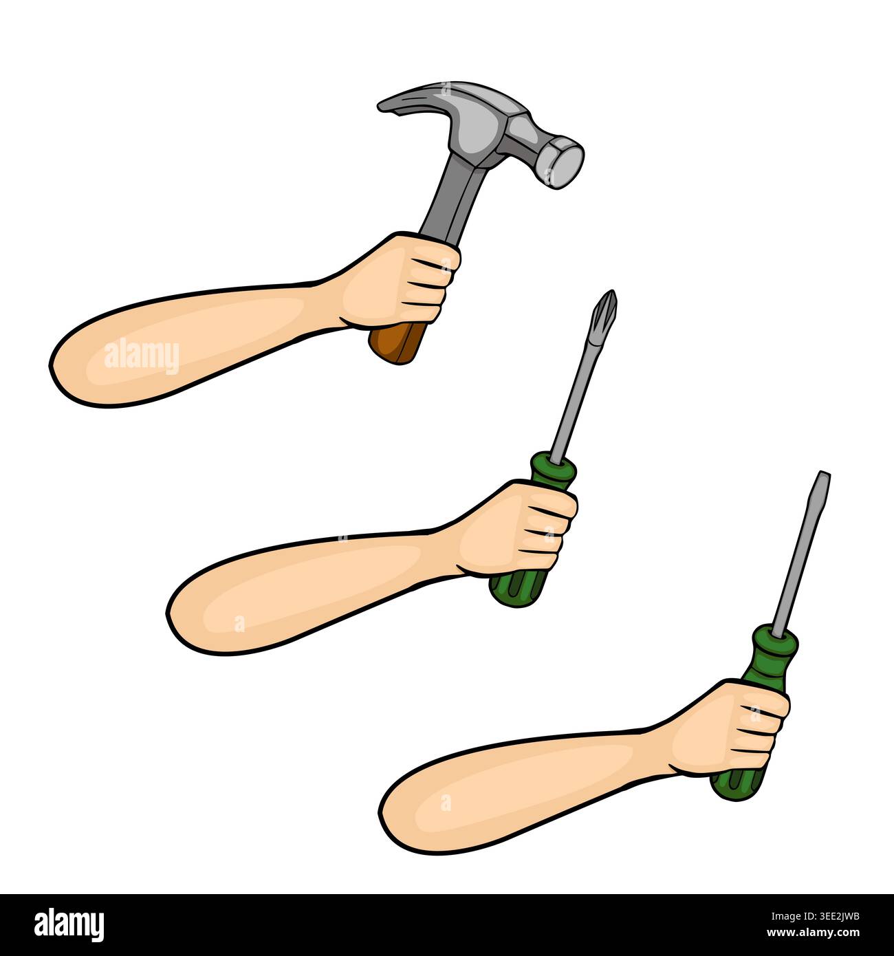 Set of three cartoon hands holding tools: hammer and two screwdrivers, isolated vector illustration Stock Vector