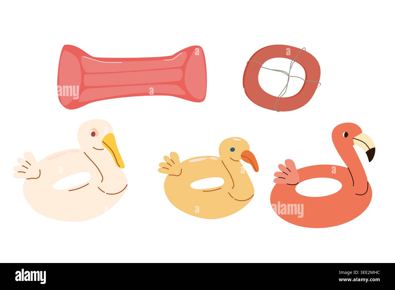 Cartoon Inflatable pool float set. Summer beach accessories in retro style. Bird shape water rings, inflatable matress. Flamingo, duck and swan pool s Stock Vector