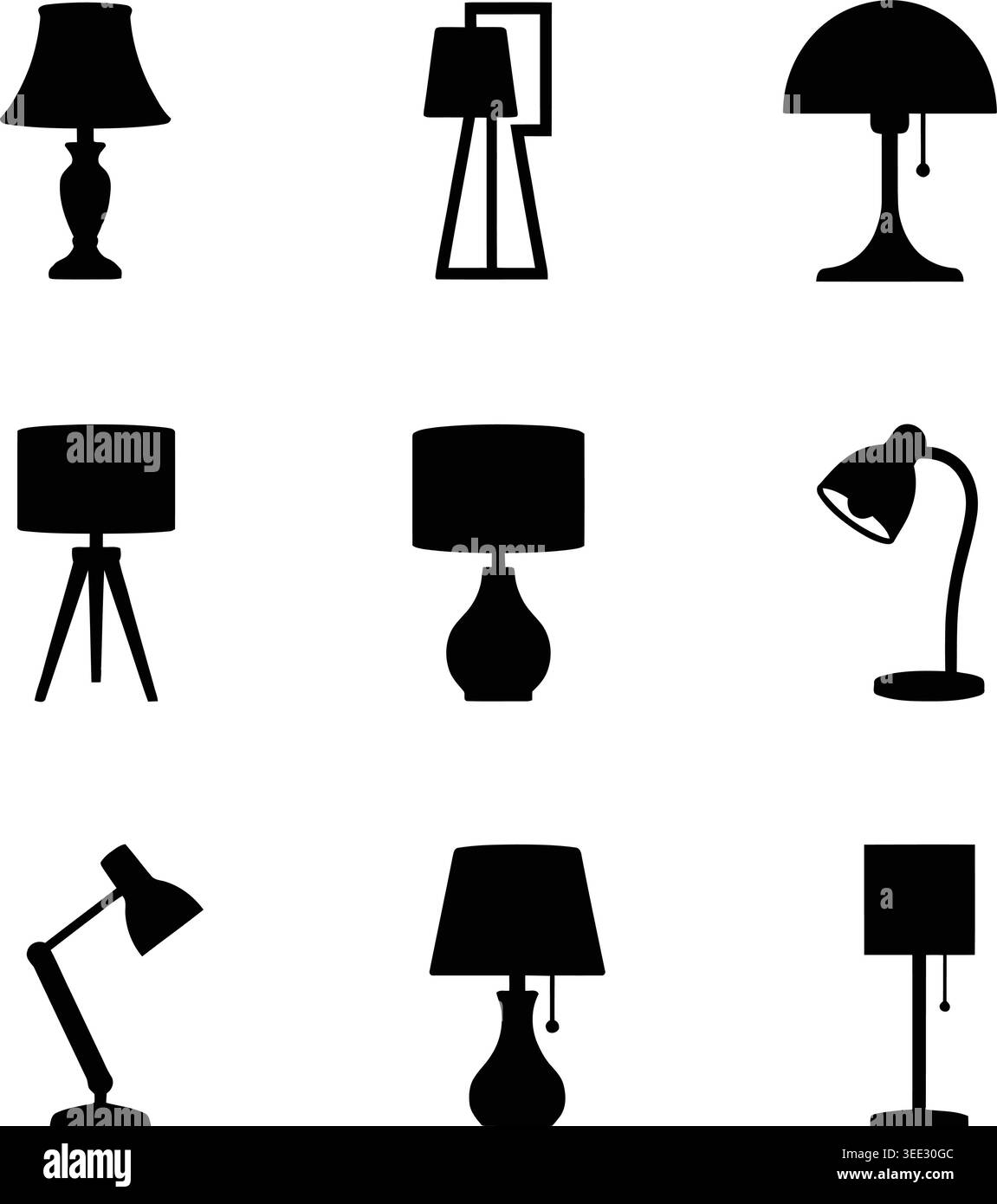 Table Lamp Silhouette Vector Illustration Set for Interior Lighting Design Stock Vector
