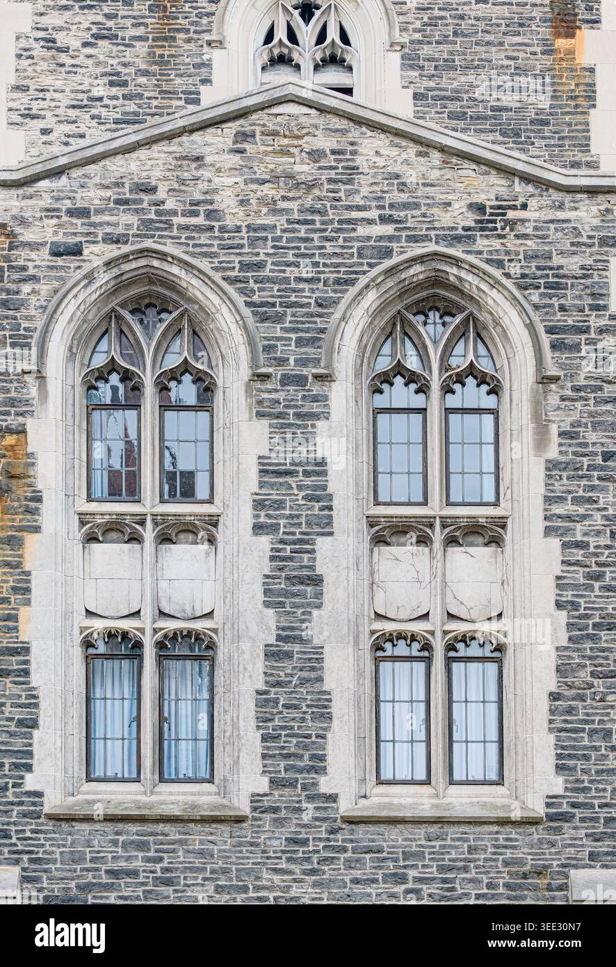 Gothic Building Window Gothic stone facade with paired arched windows featuring intricate ...