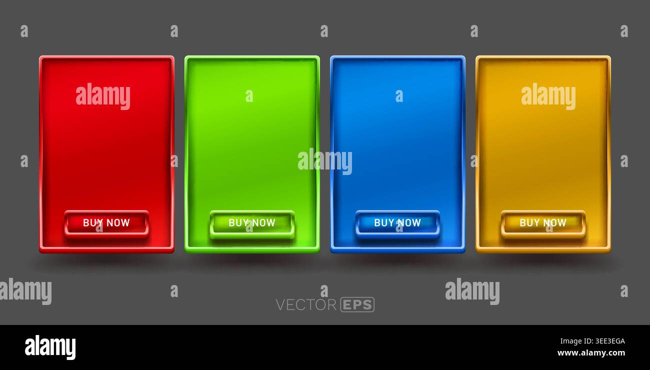Vibrant pricing table boxes with Buy Now buttons, ideal for web design, UI, and subscription plans. Vector illustration. Stock Vector