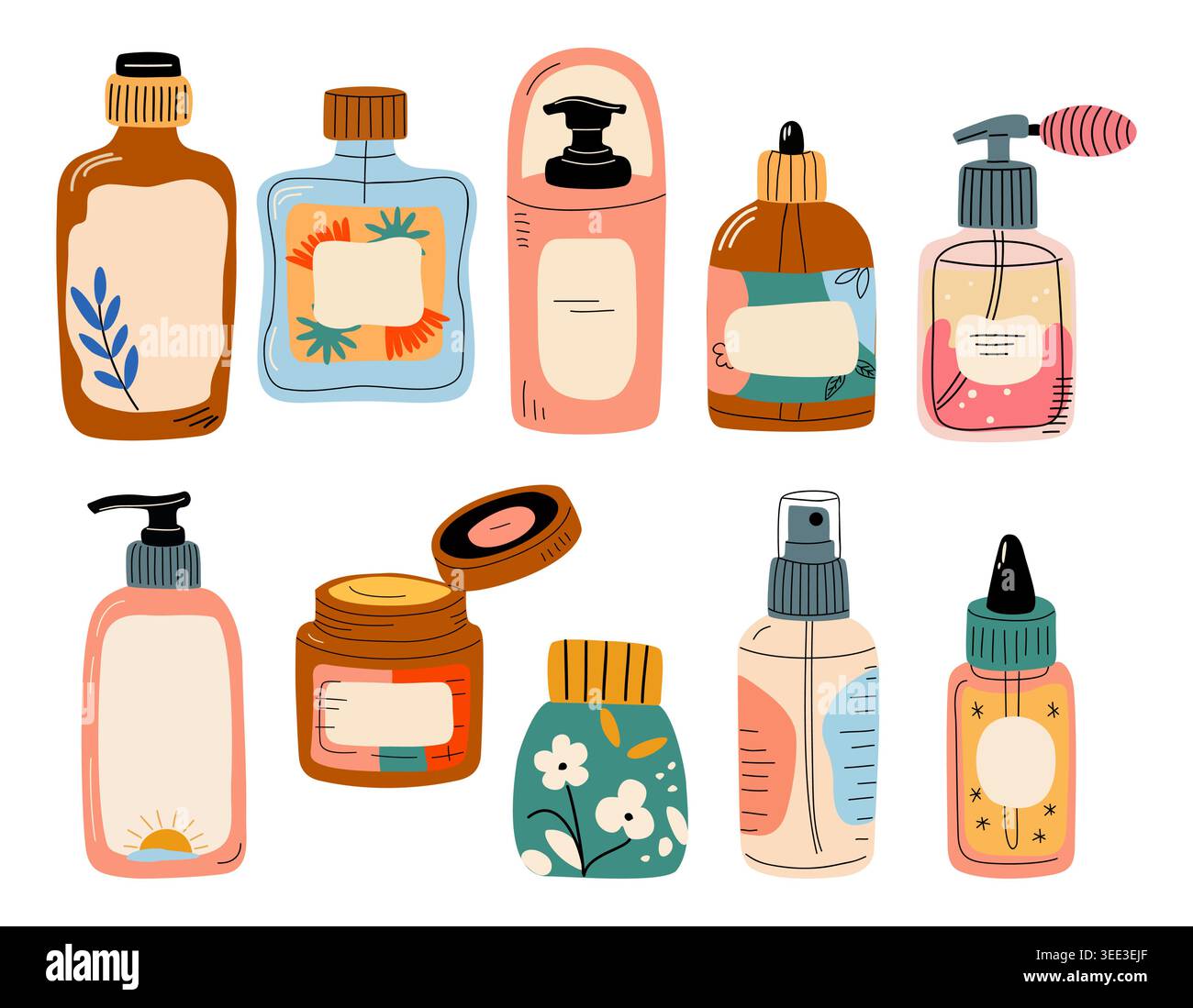 Hand drawn beauty bottles, jars, and dispensers Stock Vector