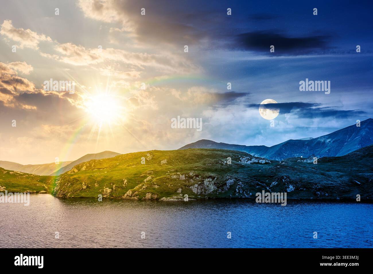 summer solstice scenery of alpine capra lake with steep slopes. day meet night. epic view of transylvania alps. sun and moon in harmony over southern Stock Photo