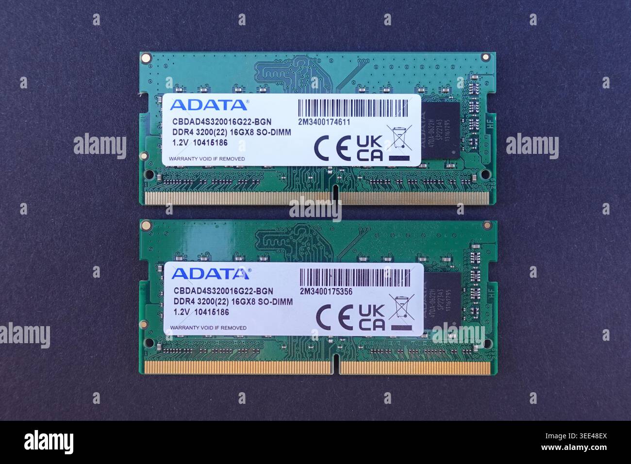 Flat lay view of two laptop memory modules on dark background editorial Stock Photo