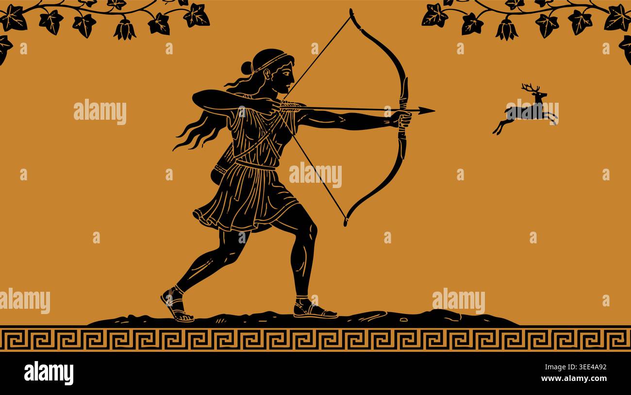 Ancient Greek pottery style illustration of Artemis the goddess of hunt ...