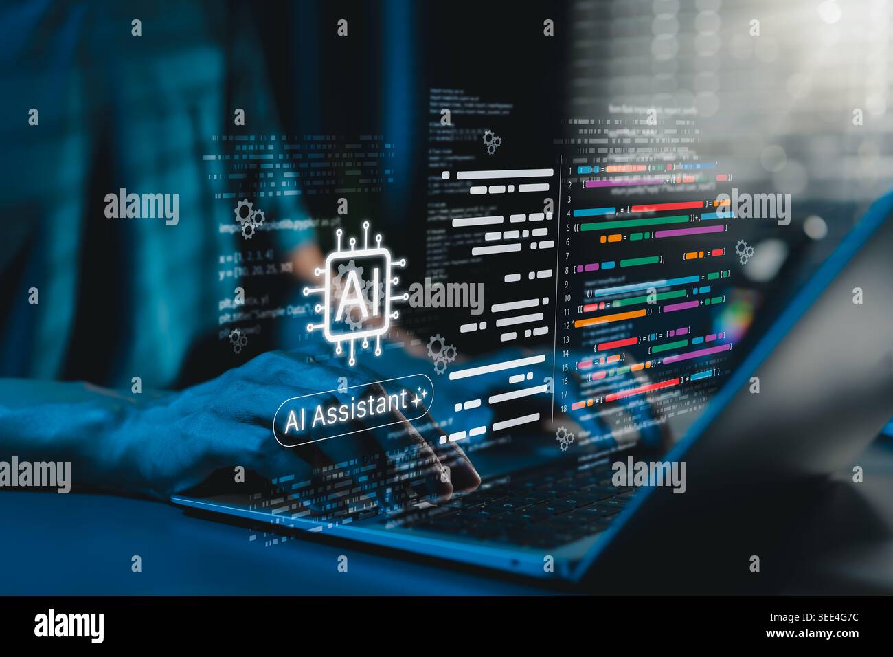 AI coding assistant for software development concept. Machine Learning Code, Programmer use laptop with code and AI chip artificial intelligence Stock Photo
