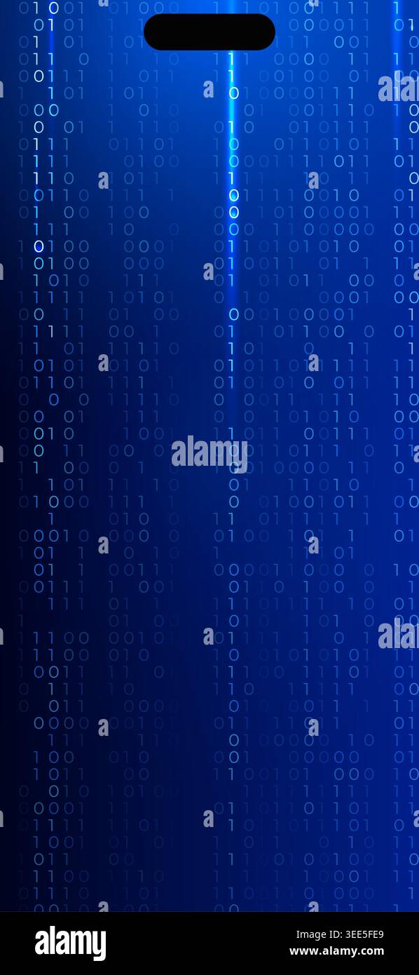 Digital binary data code abstract background. Futuristic cyber matrix, glowing blue numbers, information flow, programming concept for phone wallpaper Stock Vector