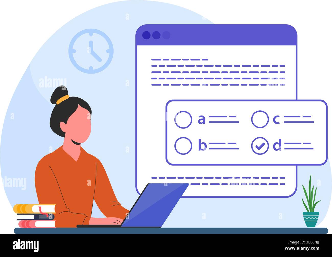 Student studying and answering multiple choice questions on computer. Flat vector illustration of e-learning process. Stock Vector