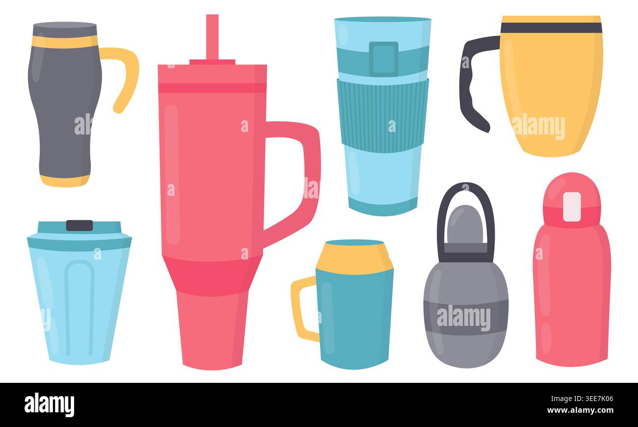 Thermal Mugs and Travel Cups Vector Set Stock Vector