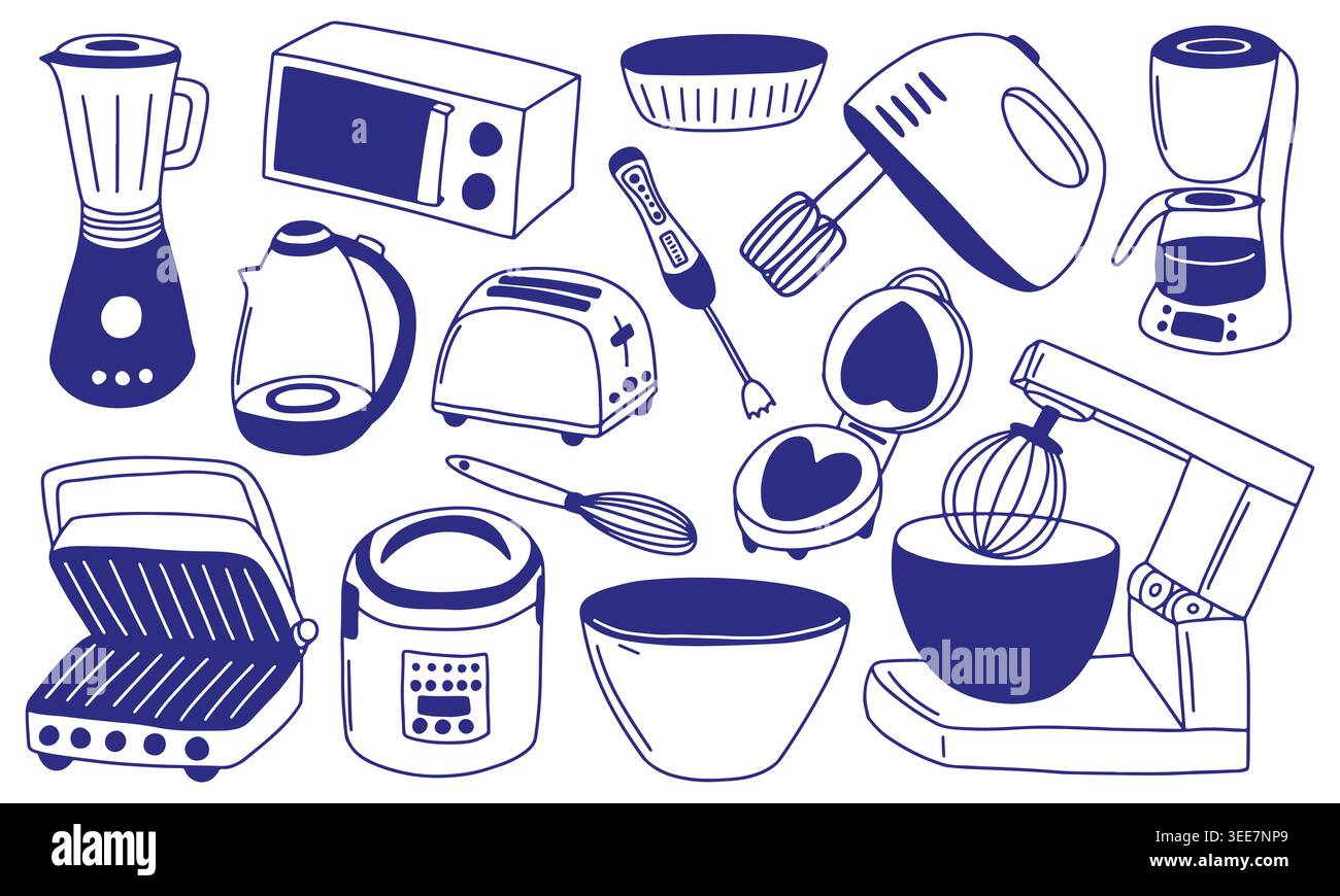 Kitchen Appliances Hand Drawn Vector Set Stock Vector