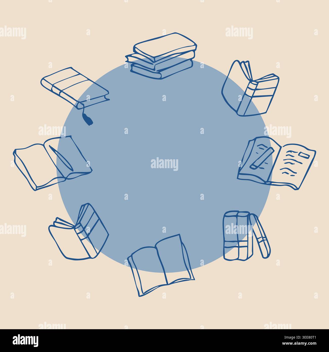 Hand drawn book doodle roud frame with open books stack Stock Vector