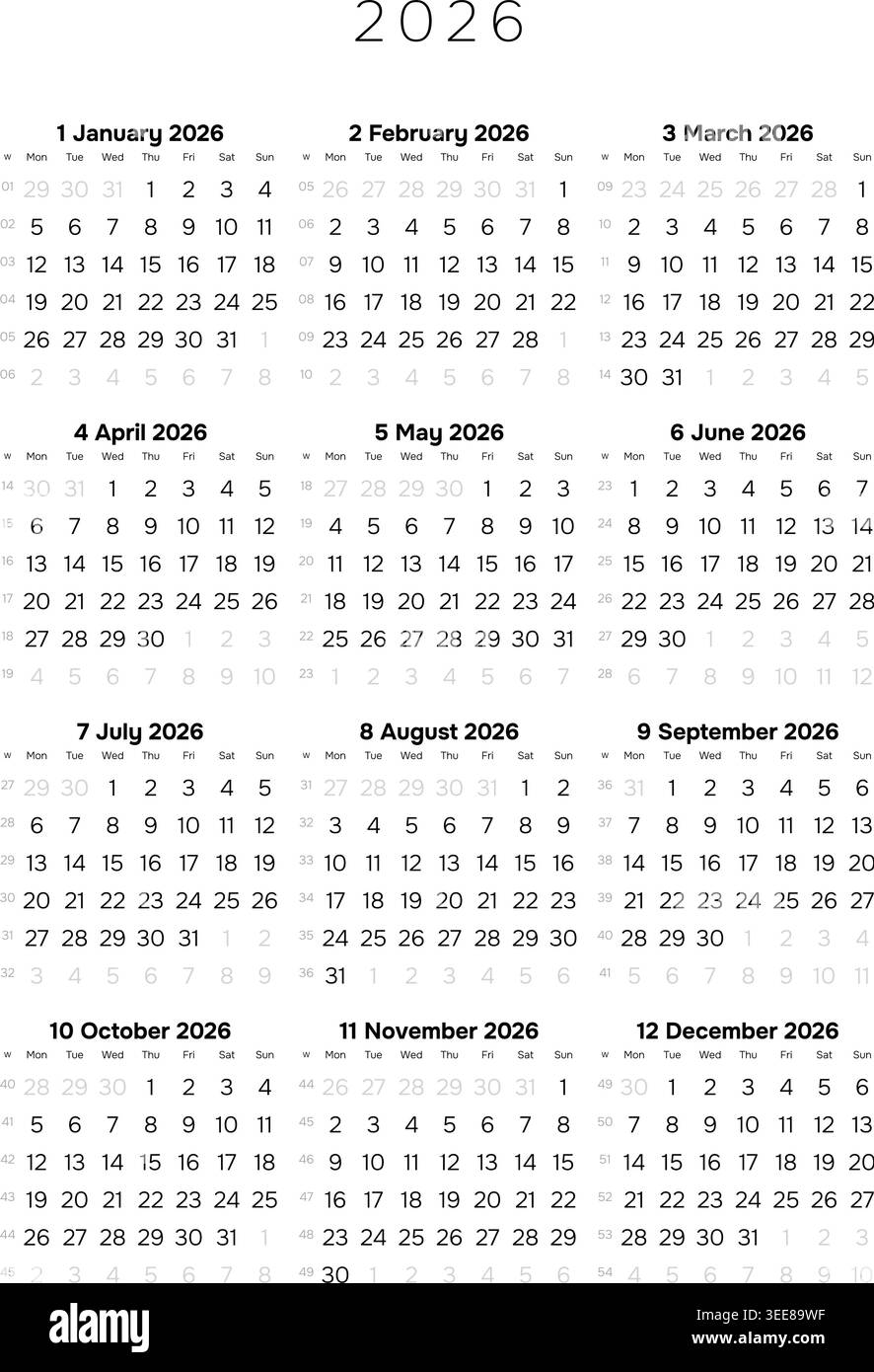 Professional 2026 Annual Calendar Template A4 Minimalist Full Year