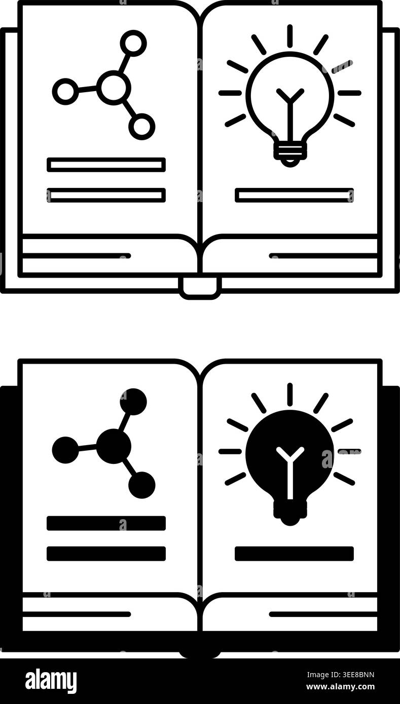 Theory Icons. Line and Glyph Vector Icons. Open Book, Glowing Light Bulb, and Molecules. Scientific Explanation of Certain Phenomena. Concept Idea Stock Vector
