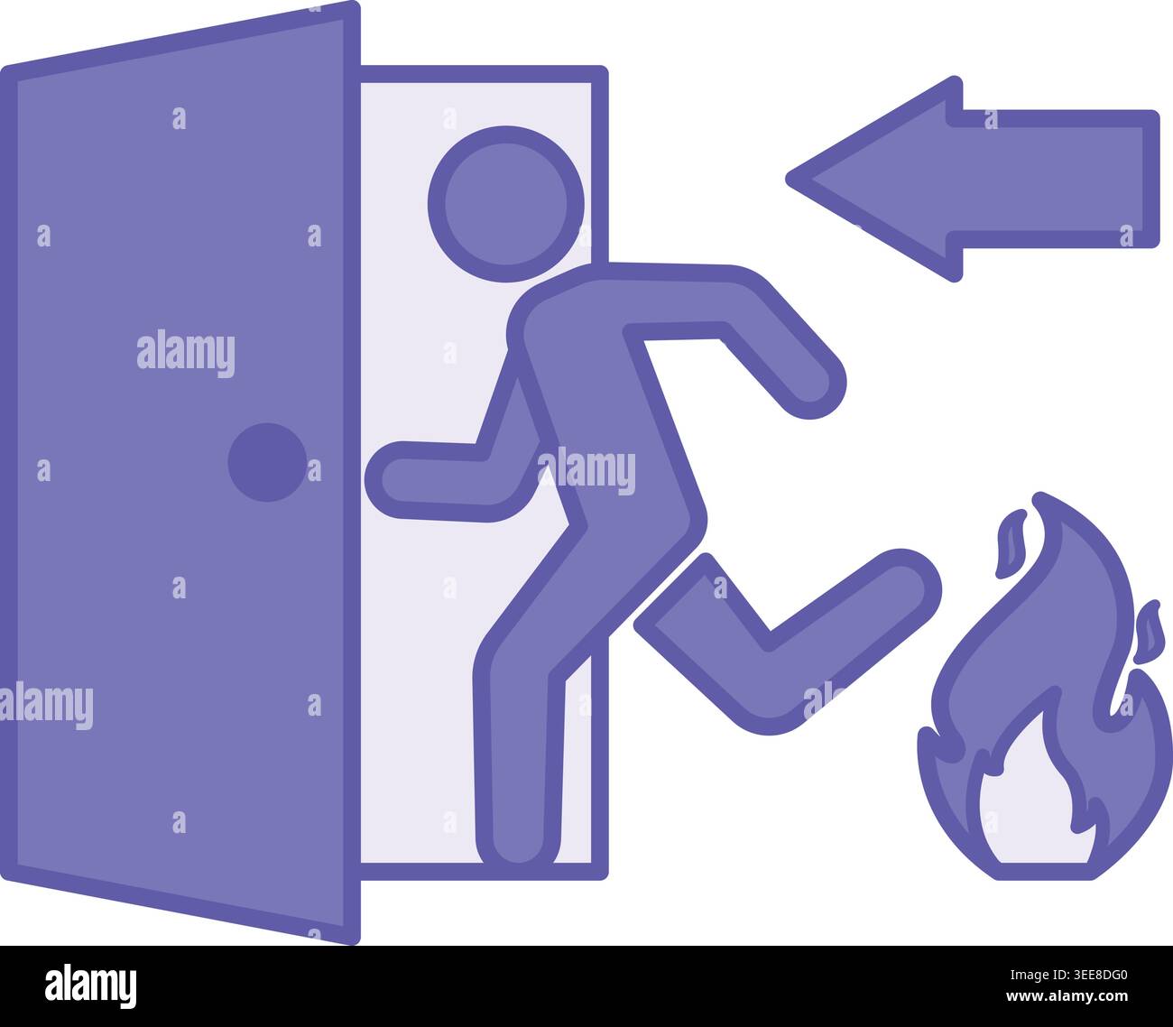Purple Evacuation Icon. Vector Icon. A person escaping a fire and running to an emergency exit. Arrow, door, and fire. Emergency Concept Stock Vector