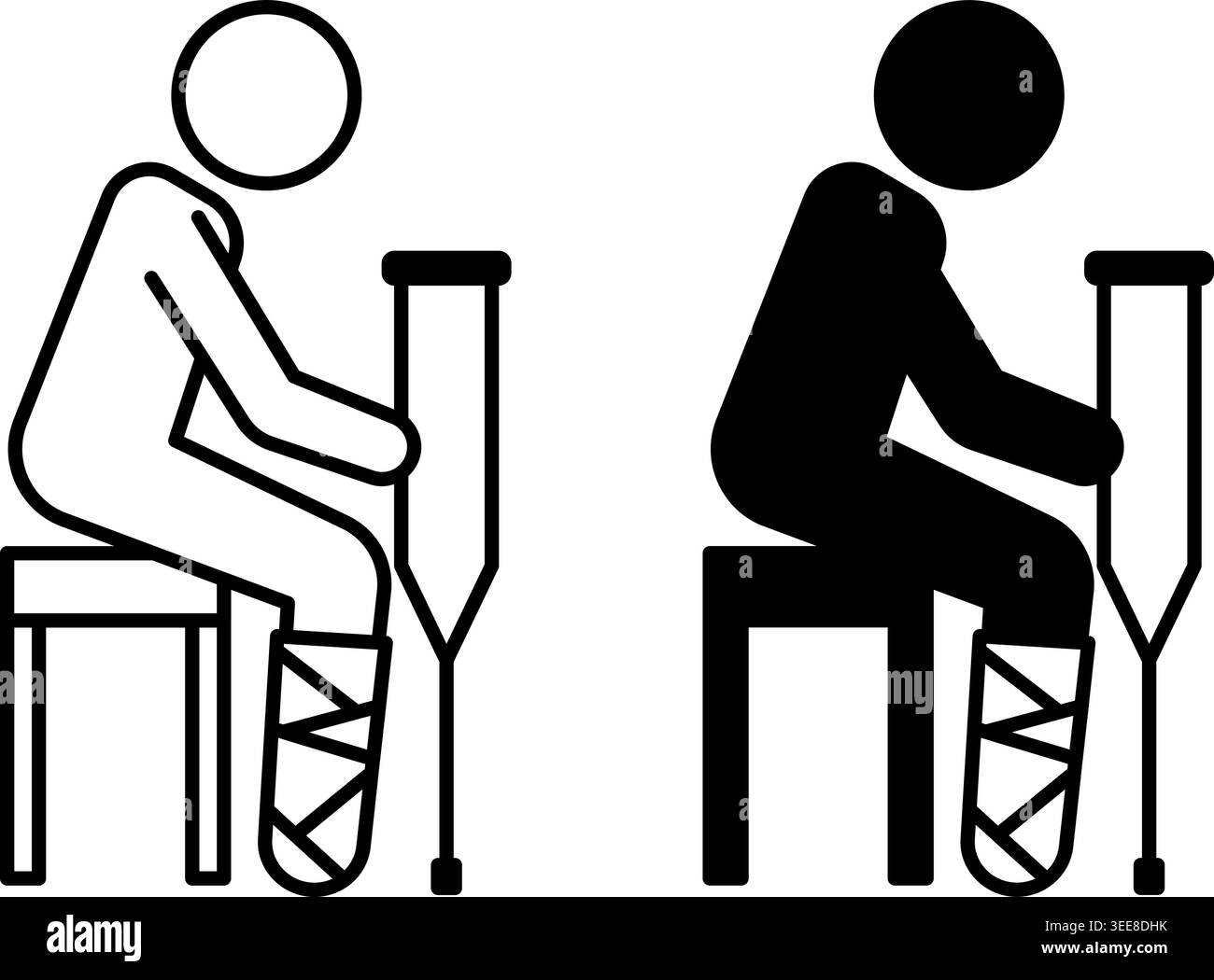 Broken Leg Icons. Black and White Vector Illustration. Man Sitting On ...