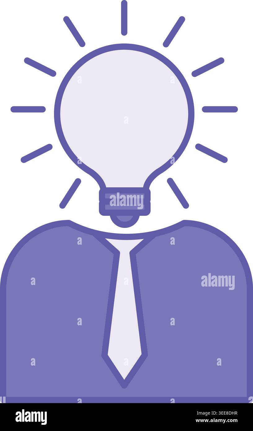 Purple Idea Icon. Vector Icon. Head in the Form of a Glowing Light Bulb and a Man with a Tie. Thought, Design, Concept, Presentation and Design Stock Vector