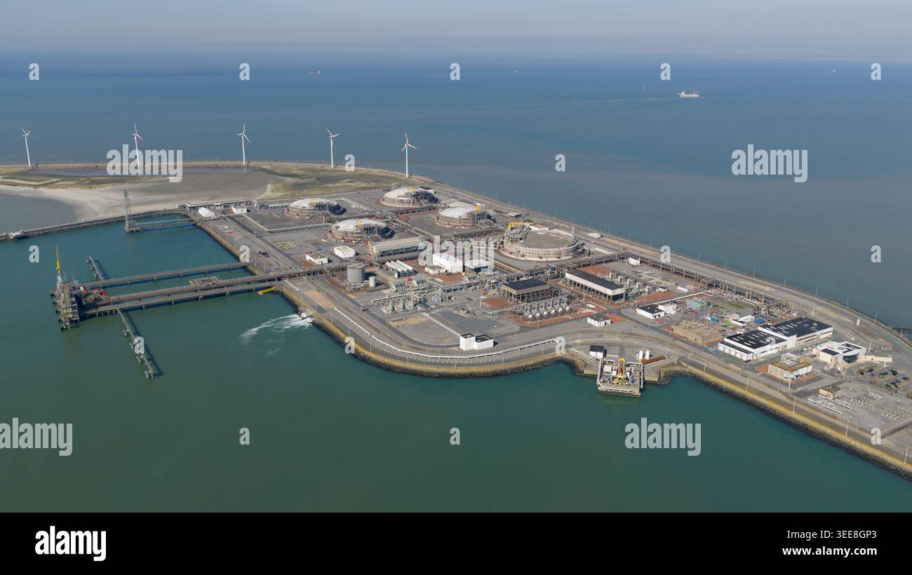 Aerial view of Zeebrugge LNG terminal, showing liquefied natural gas ...