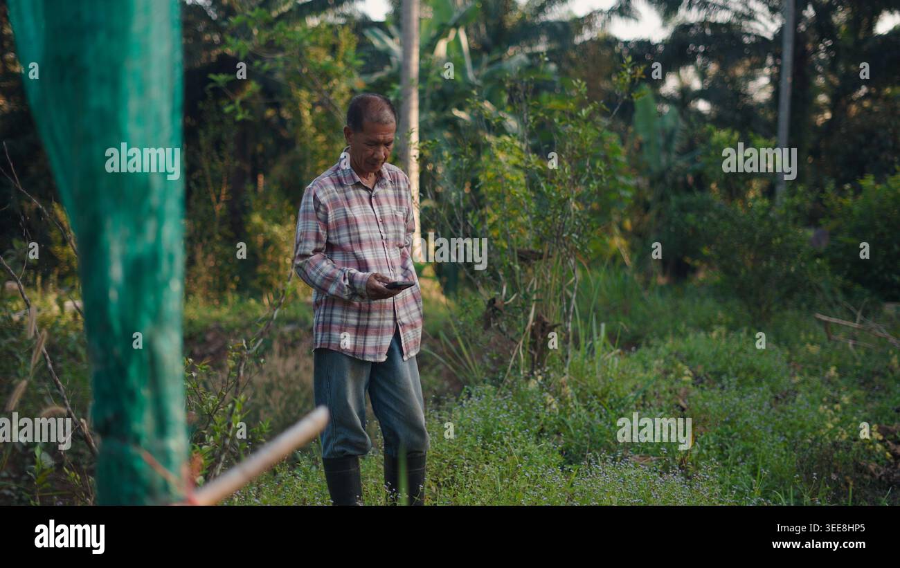 Rural farmer using smartphone in green field checking agricultural data Stock Photo
