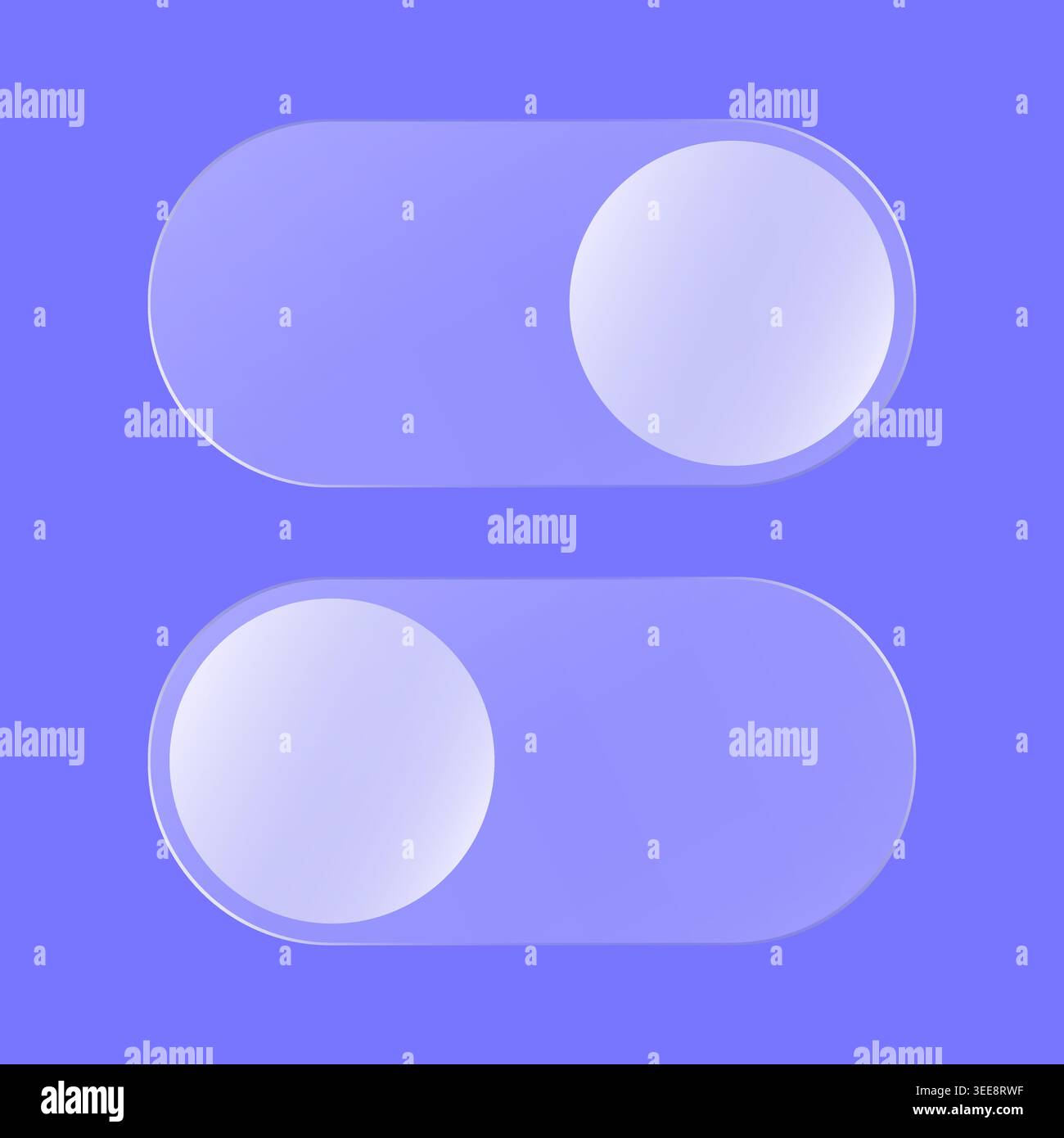 Toggle on and off control bar switches, liquid glass user interface template on blue background. Vector illustration Stock Vector