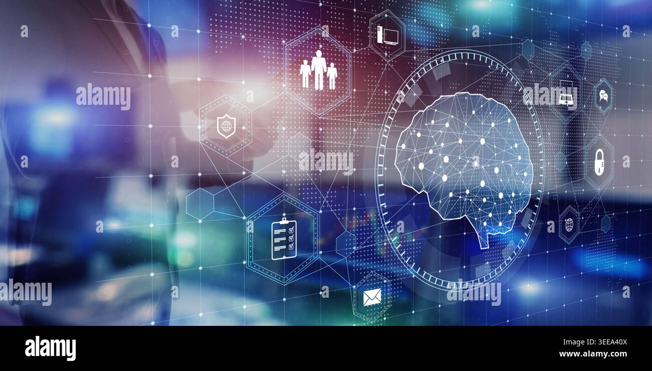 Artificial Intelligence Brain Visualization with Business Data Security Concept. Stock Photo