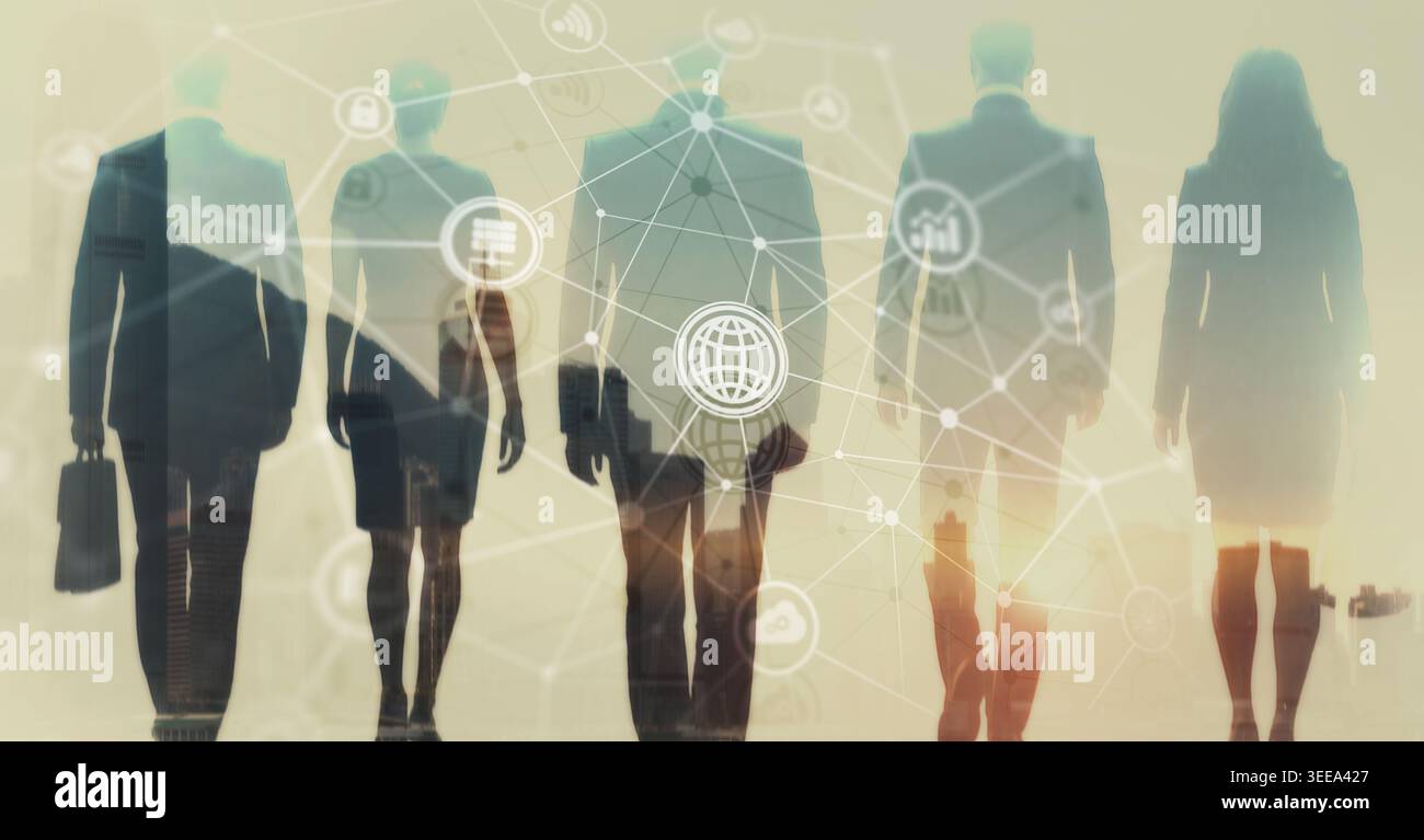 Telecommunications network with global connections and data exchange on digital background. Stock Photo