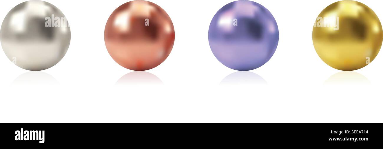 Shiny metallic sphere set featuring realistic golden silver and purple 3d glowing bubbles for modern decorative graphic designs Stock Vector