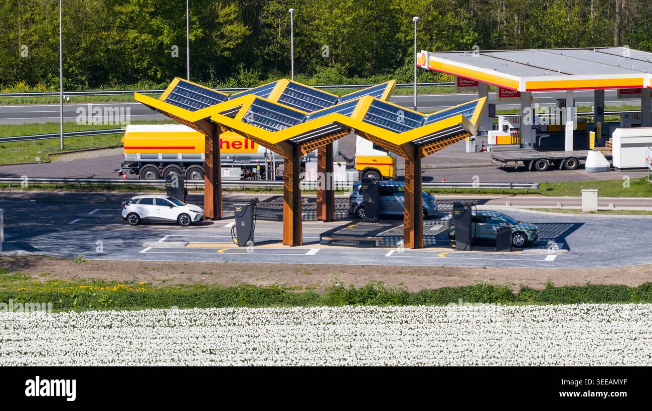 Bant, Netherlands - 21 April 2026: Aerial view of Fastned Charging ...