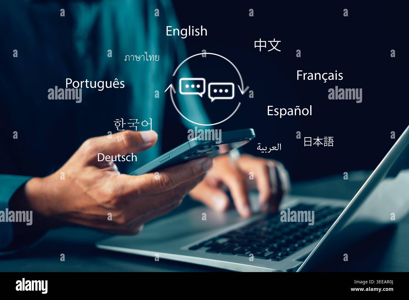 Language translator app education concept person using translation, foreign language course and elearning on laptop and smartphone for global communic Stock Photo