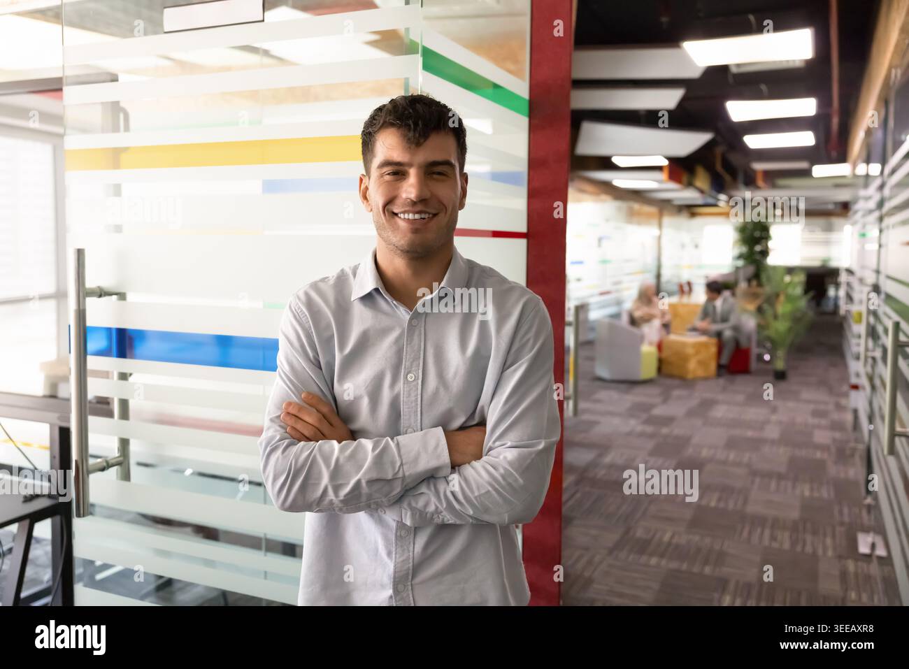 Portrait of smiling Middle Eastern businessman posing in office Stock Photo