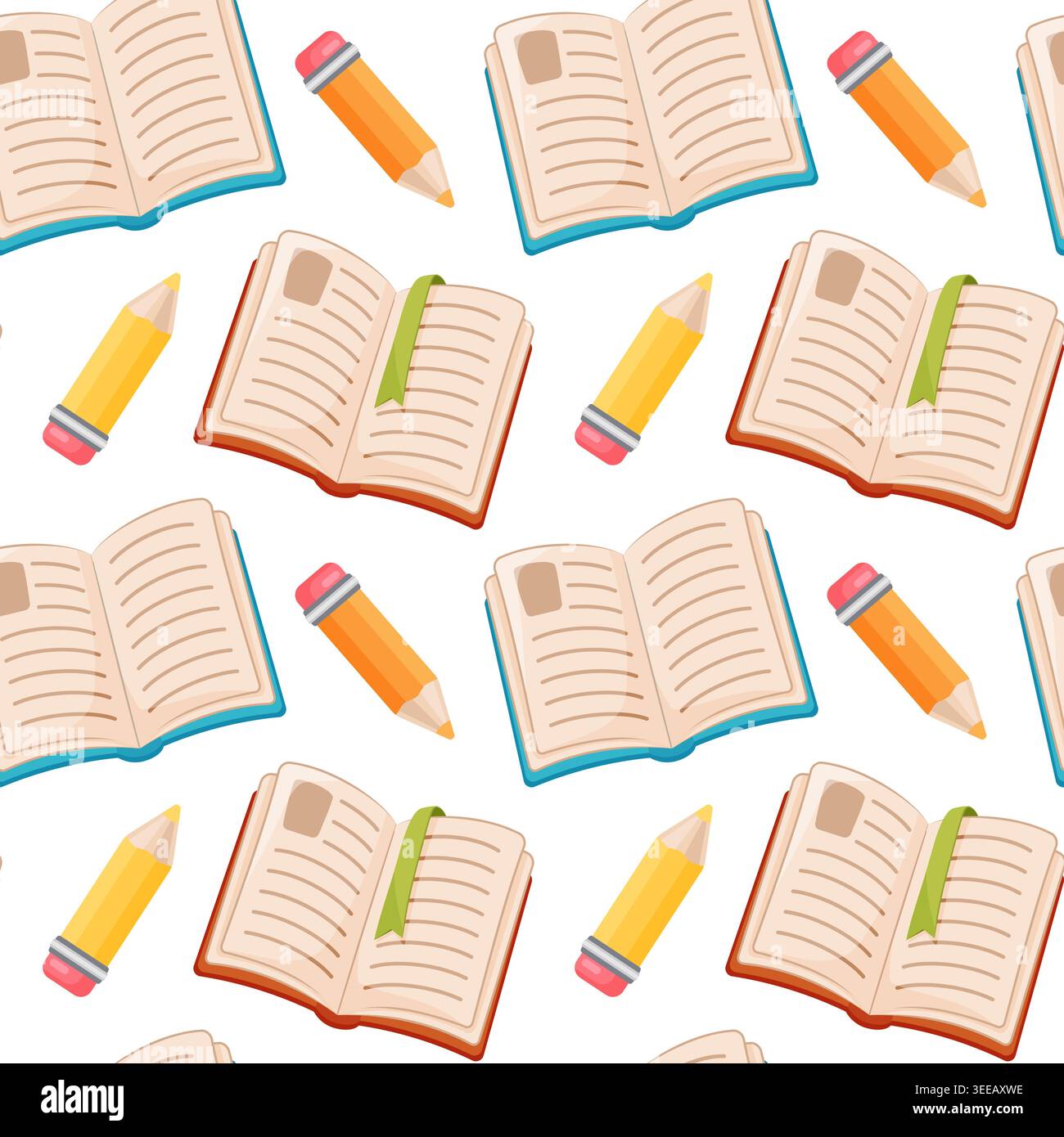 Seamless pattern with open books with pencils pattern, colorful study supplies repeating across white background, flat Stock Vector