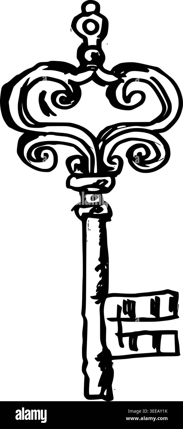 Hand Drawn Ornate Skeleton Key Vector Drawing Stock Vector