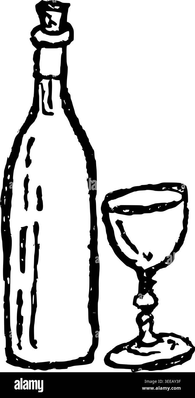 Hand Drawn Wine and Glass Vector Drawing Stock Vector