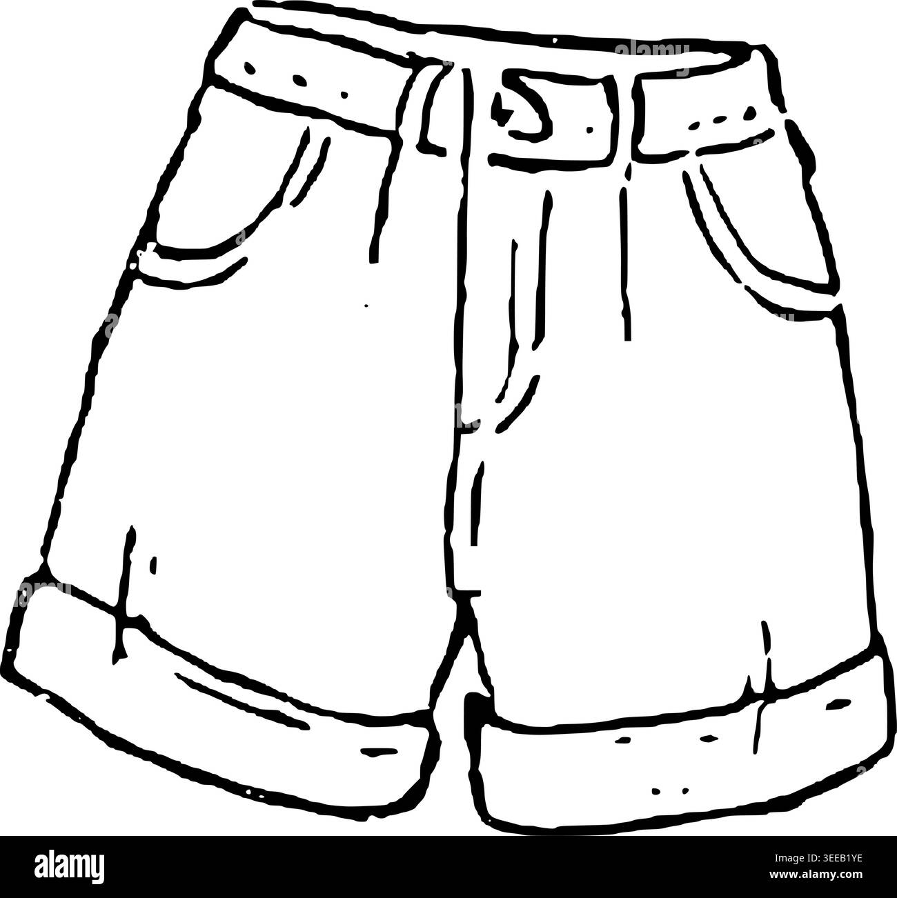 Hand Drawn 90s Denim Cutoff Shorts Vector Drawing Stock Vector
