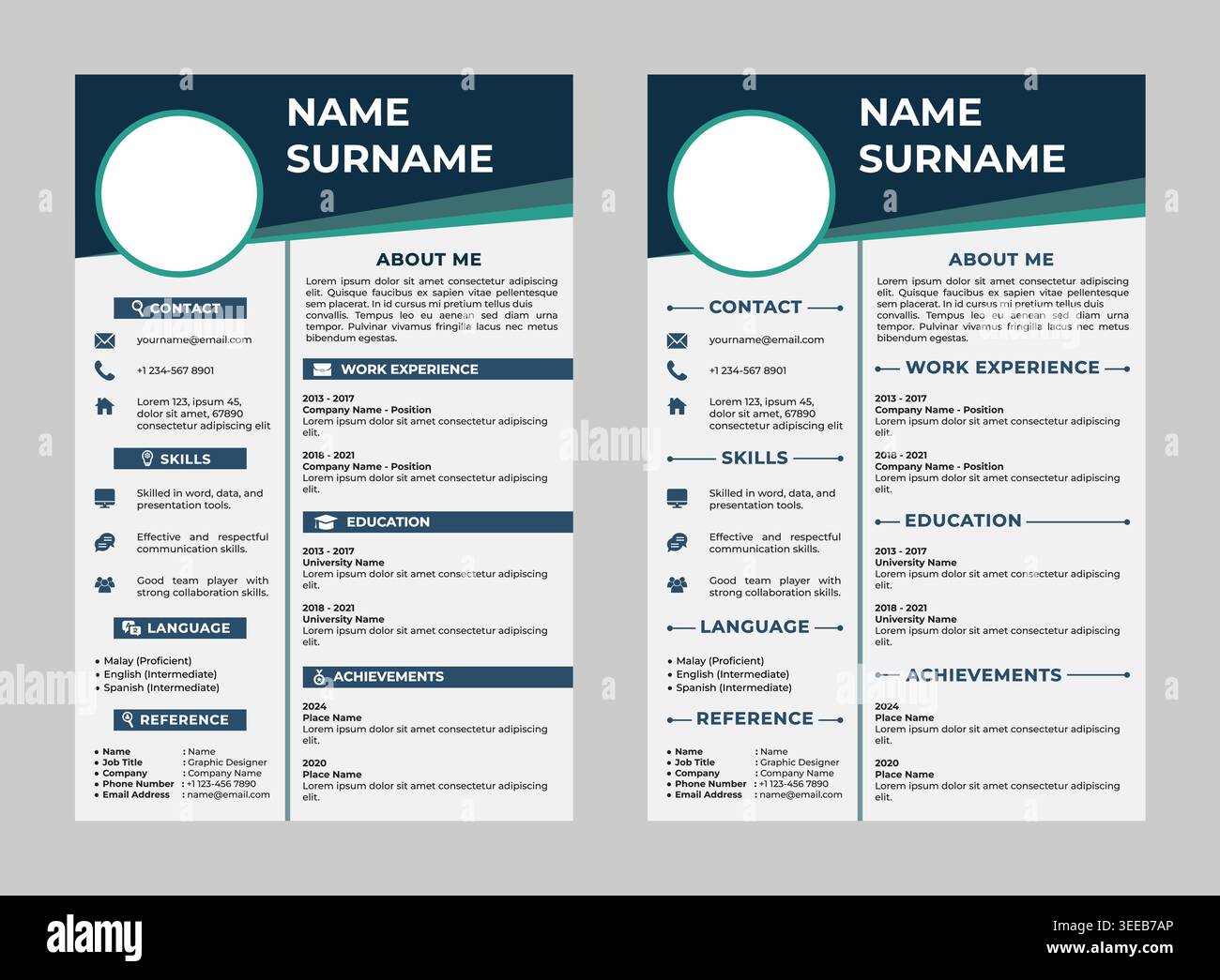 Professional CV and resume template set. Minimalist layout featuring ...