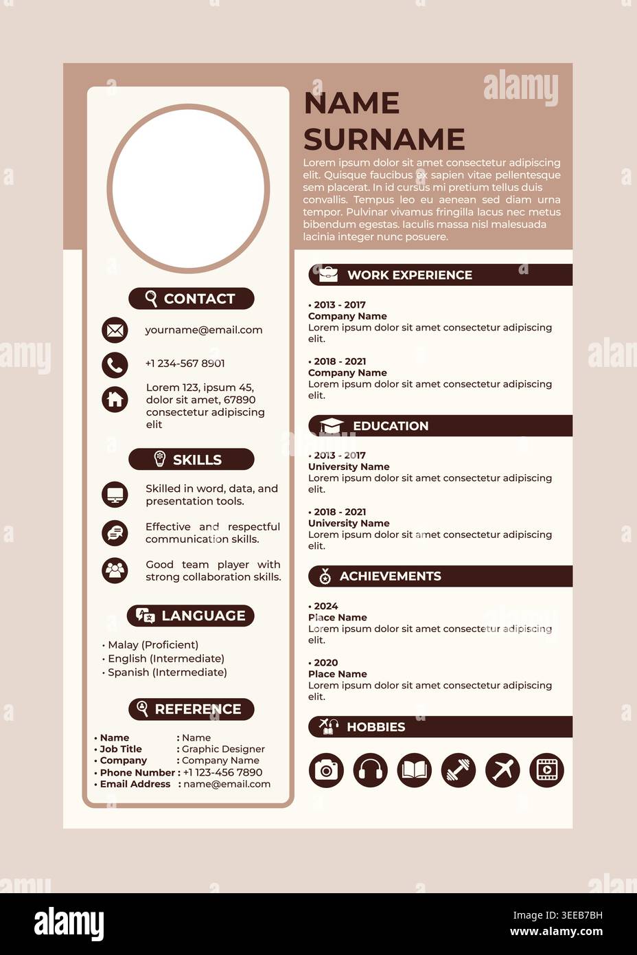 Professional CV and resume template set. Minimalist layout featuring elegant brown and cream design accents, profile placeholder, and clean icons. Stock Vector