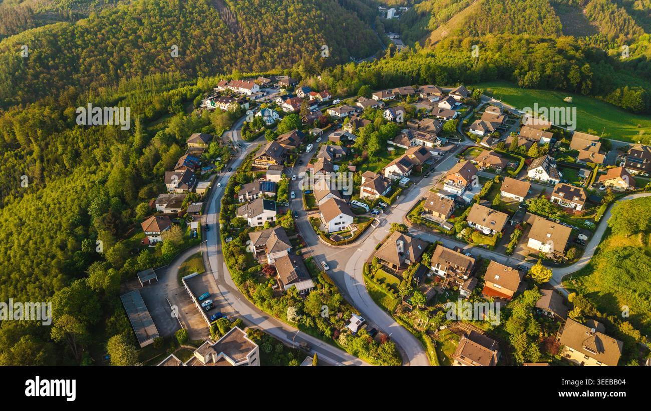 Aerial view of a German suburb with streets and many small houses