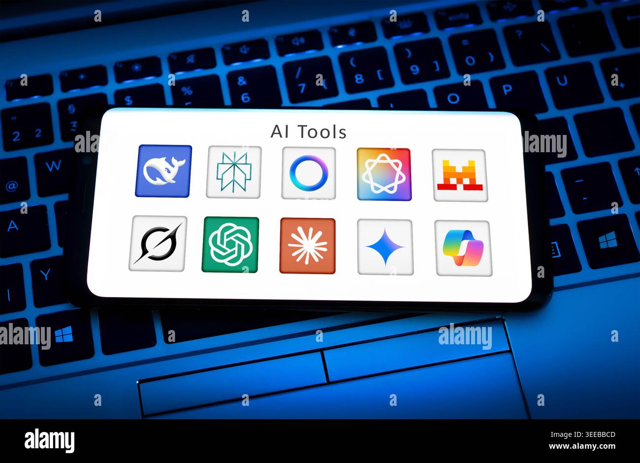 AI Tools like Claude ChatGPT and Gemini displayed on mobile device Stock Photo