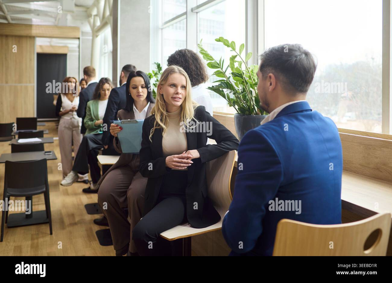 Professional Interview or Networking Talk Between Colleagues in Bright Modern Office Stock Photo