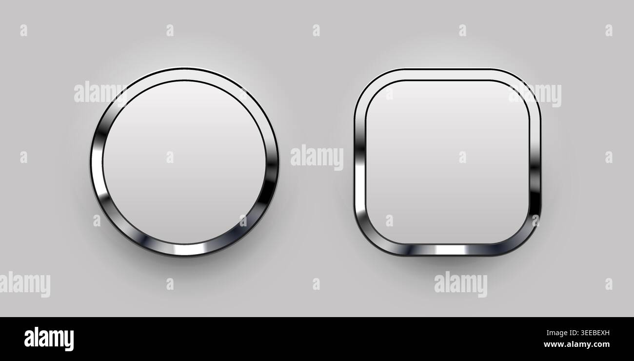 Metallic user interface buttons and frames set. Glossy chrome design elements for web and mobile. Vector illustration Stock Vector