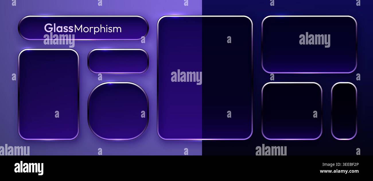 Glassmorphism UI elements frames and buttons collection. Modern digital interface panel design. Vector illustration Stock Vector