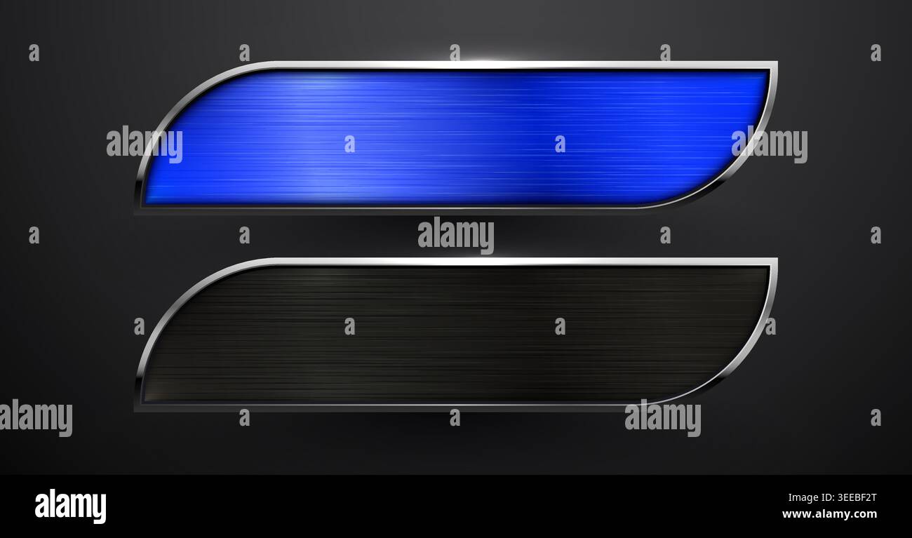 Metallic user interface buttons with blue and black texture for web design and menu navigation. Vector illustration. Stock Vector
