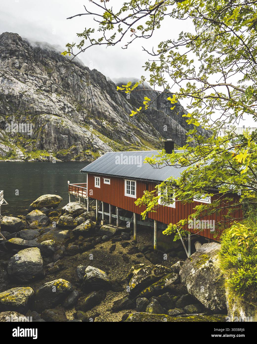 Traditional Rorbu Traditional red rorbu fishing cabin in historic Nusfjord village with ...