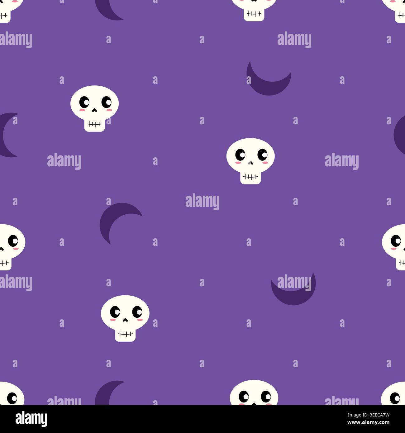 Cute seamless Halloween pattern featuring kawaii skulls and crescent moons on a purple background. Simple spooky pastel design perfect for fabric, wra Stock Vector