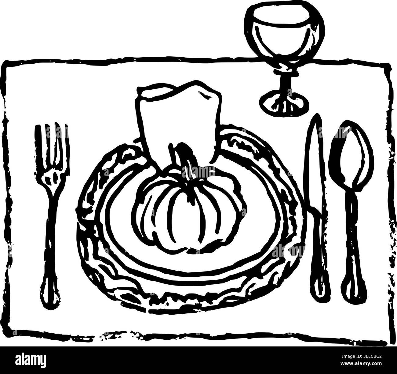 Hand Drawn Place Setting with Pumpkin Vector Illustration Stock Vector