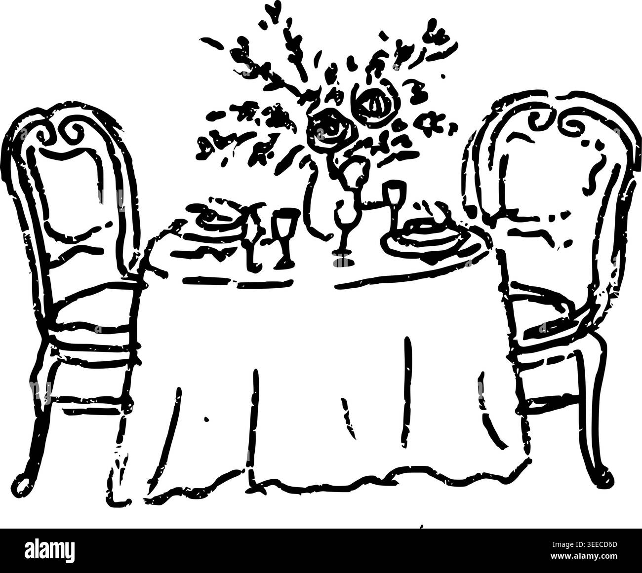 Hand Drawn Romantic Dinner Table for Two Vector Line Art Stock Vector