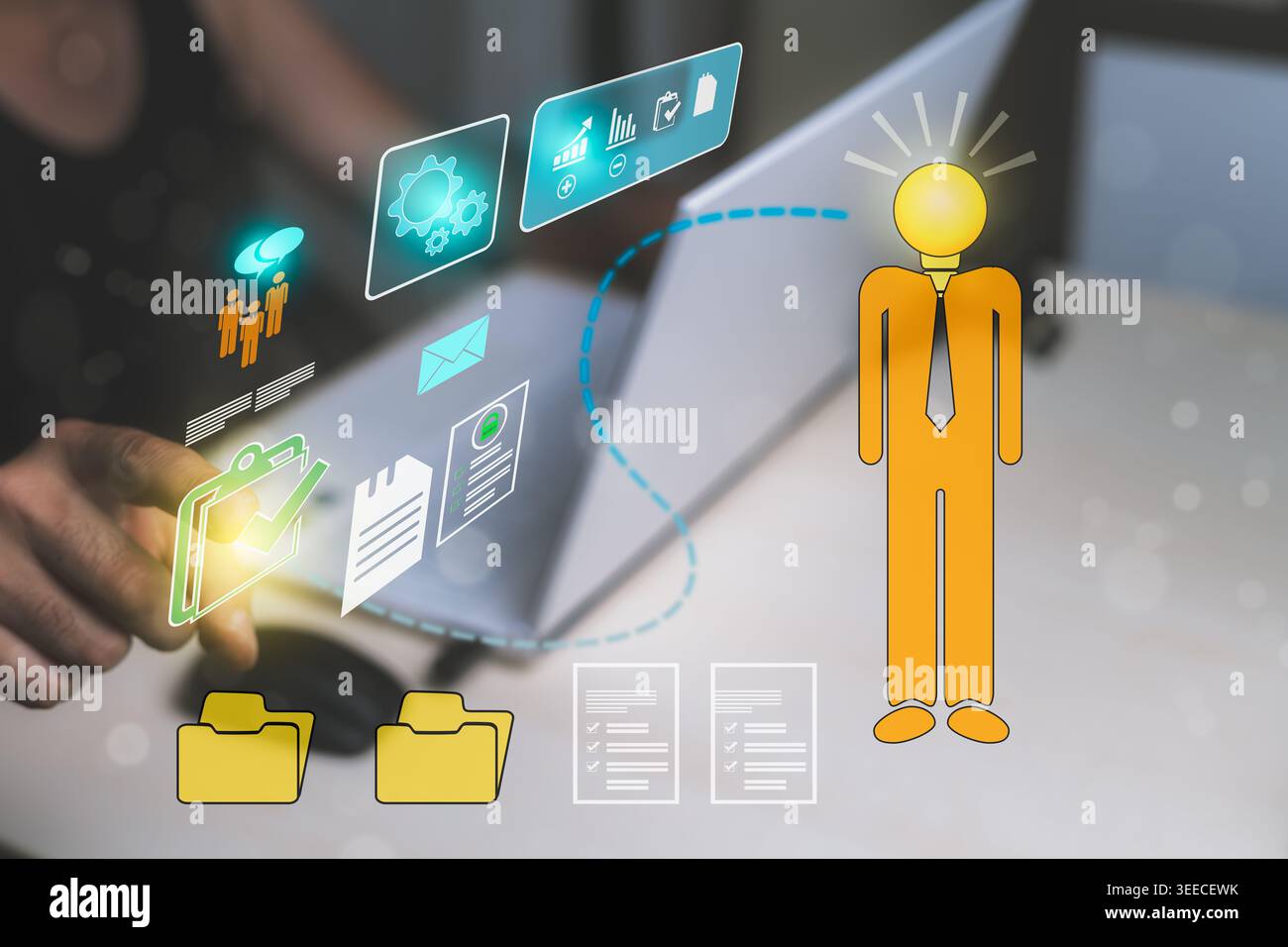 Man developing business ideas using artificial intelligence technology, classifying documentation, data forms, and company statistics on a laptop at h Stock Photo